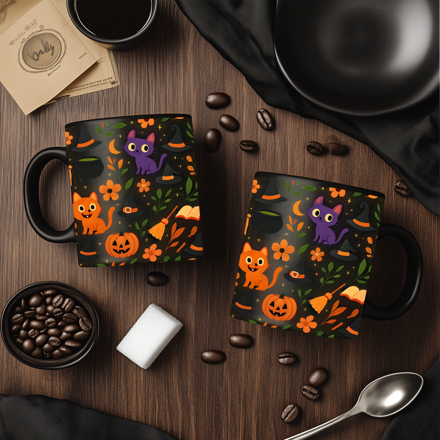 Colourful cat Halloween mug,featuring a cheeky cat with all things Halloween, making it the perfect spooky mug for both hot chocolates and enchanting brews. 
