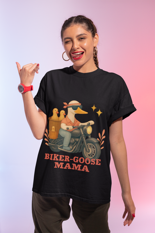 Silly Goose Biker Tee, a fun and quirky tee for those who love motorcycles and geese, silly goose fan club.