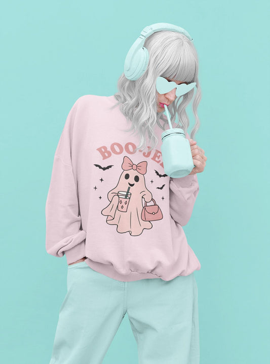 Boo-Jee Ghost Sweatshirt This playful garment, affectionately known as the boojee sweater, showcases charming ghosties adorned with a delightful pink bow.