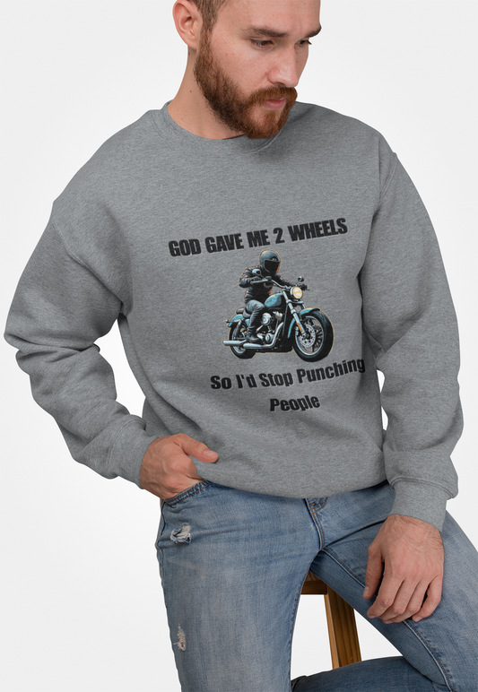 God Gave Me 2 Wheels Sweatshirt, The light-hearted motorcycling-themed graphic adds a fun twist, making it the perfect companion for casual outings or bike rides.
