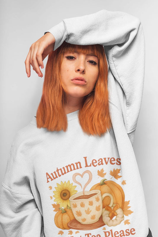 Autumnal Leaves and a Cup of Tea Sweatshirt, Imagine sipping on a warm cuppa, perhaps a delightful Yorkshire tea in a comfortable sweater.