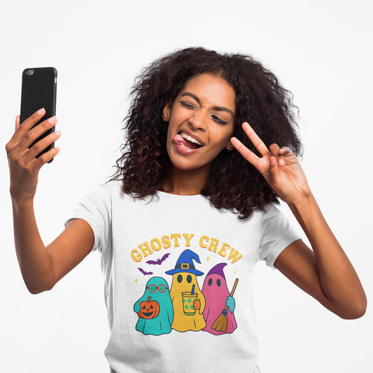 Ghostly Crew Tee, This tee is ideal for individuals who love to share in the holiday spirit, making it a wonderful gift for friends, family, or even yourself.