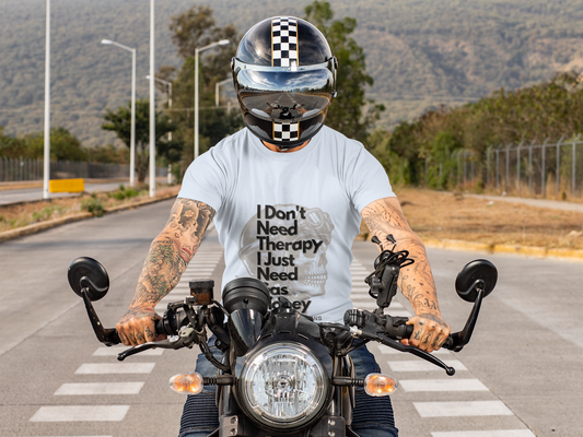 I don'tneedtherapybikerT-Shirt, This tee is a great addition to a biker's wardrobe or for anyone looking to add a rebellious touch to their outfit.