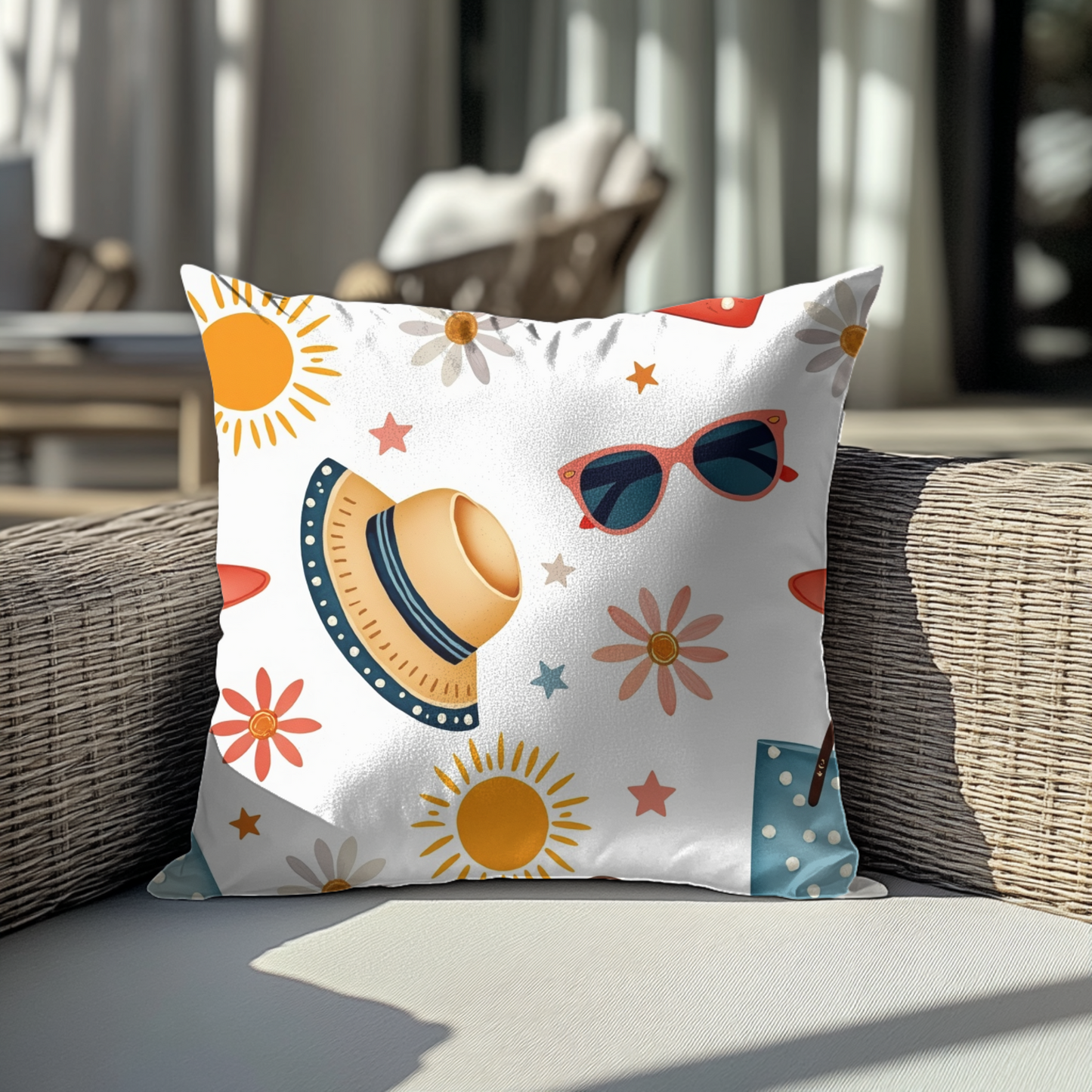 Sunny Day Square Pillow, bring a playful touch to any space. Its bright colours and fun patterns create a cheerful atmosphere.