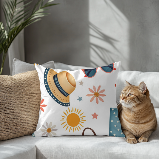 Sunny Day Square Pillow, bring a playful touch to any space. Its bright colours and fun patterns create a cheerful atmosphere.