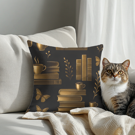 Books and Coffee Cushion, Perfect for cozy corners or grand libraries, this pillow is not just decor—it's a celebration of your passion for books and the comforting ritual of a quiet coffee moment.