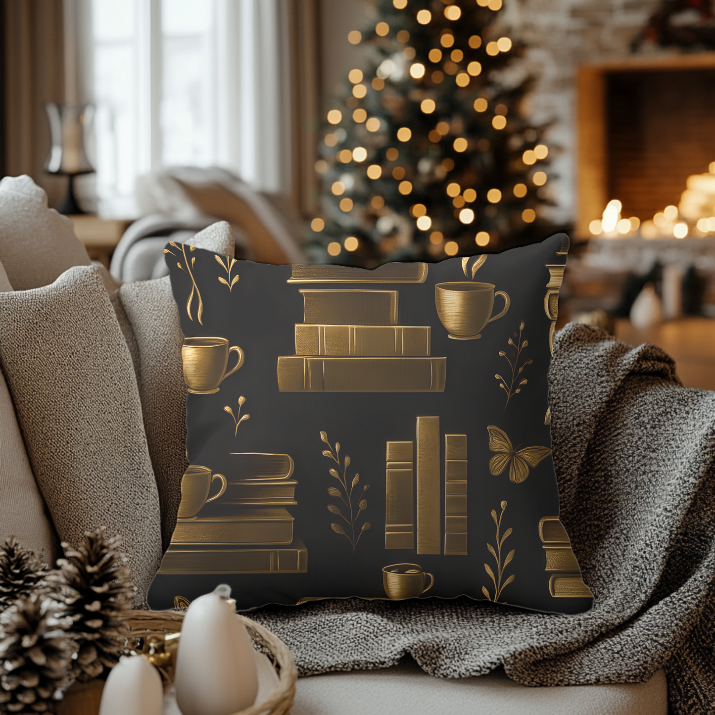 Books and Coffee Cushion, Perfect for cozy corners or grand libraries, this pillow is not just decor—it's a celebration of your passion for books and the comforting ritual of a quiet coffee moment.