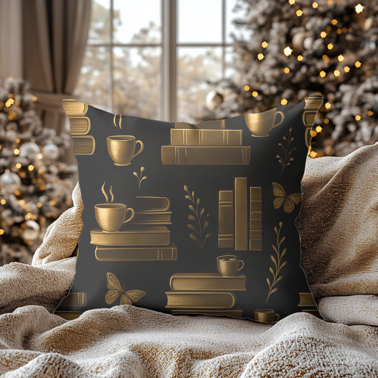 Books and Coffee Cushion, Perfect for cozy corners or grand libraries, this pillow is not just decor—it's a celebration of your passion for books and the comforting ritual of a quiet coffee moment.