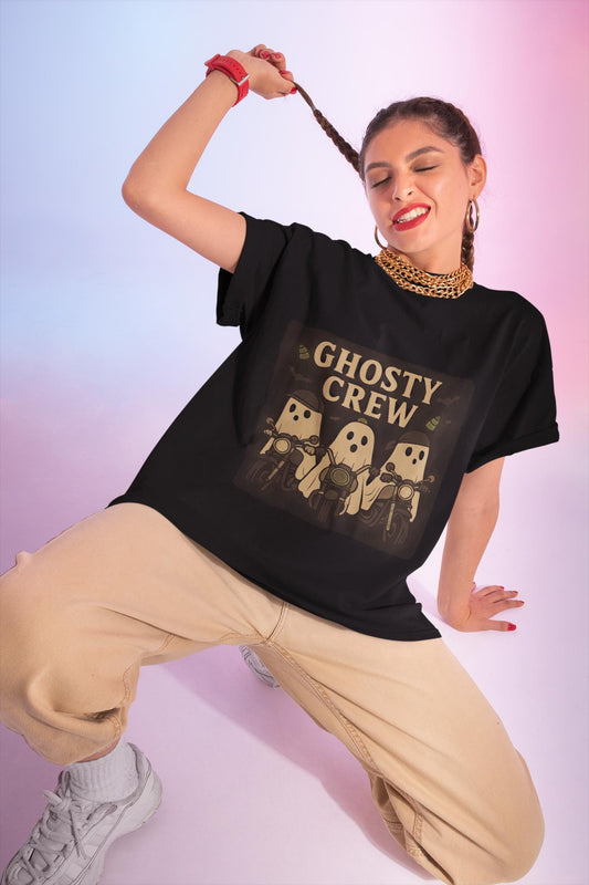 Halloween Ghosty Tee Ghost biker tee, perfect for showing off your fun and playful spirit! This tee boasts a vibrant design featuring ghostly charactersriding bikes.