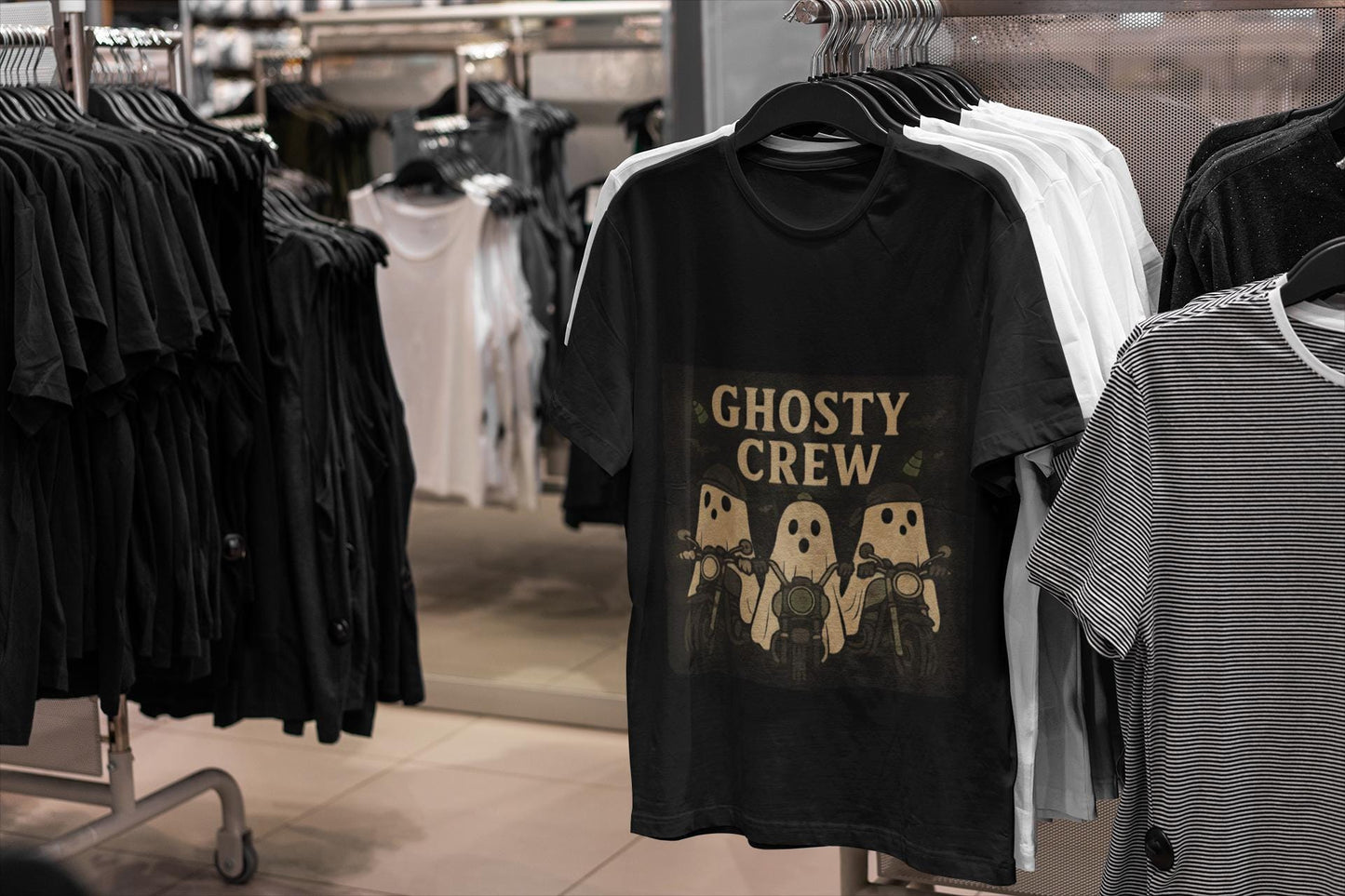 Halloween Ghosty Tee Ghost biker tee, perfect for showing off your fun and playful spirit! This tee boasts a vibrant design featuring ghostly charactersriding bikes.