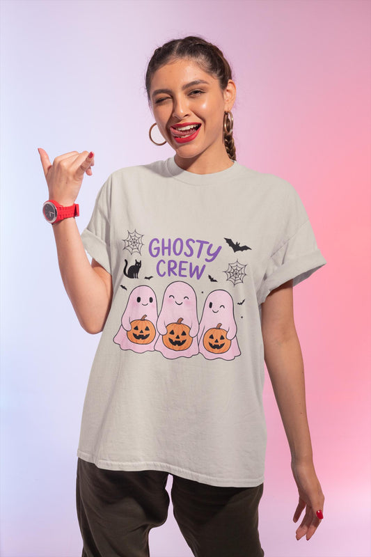 Ghosty Crew Halloween Tee, It’s great for spooky season gatherings, casual outings, or simply lounging at home with friends