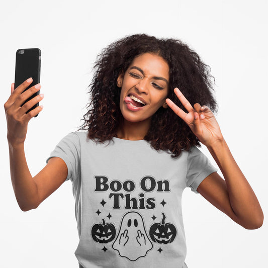 Boo on This Shirt, This boo tee embodies playful spookiness with its whimsical "boo on this" phrase, making it perfect for anyone who enjoys a bit of ghosting humor.