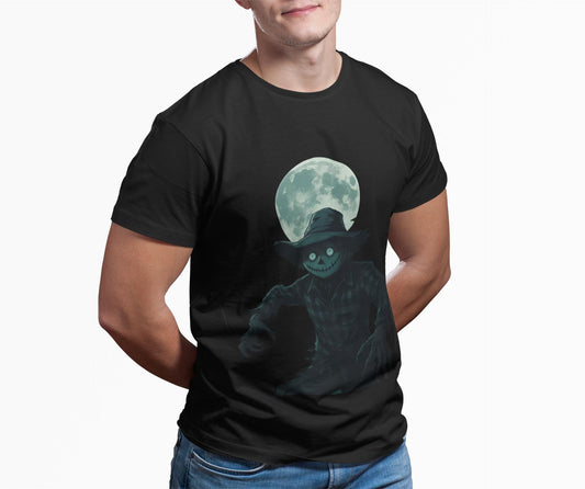 Halloween Scarecrow T-Shirt, This scarecrow shirt captures the essence of the season, transforming the traditional harvest icon into a pumpkin scarecrow that’s both captivating and chilling.Halloween