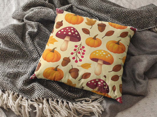 Pumpkin Mushroom Autumn Pillow, with its playful design featuring a cozy pumpkin and whimsical mushroom, perfect for embracing Hello Autumn.