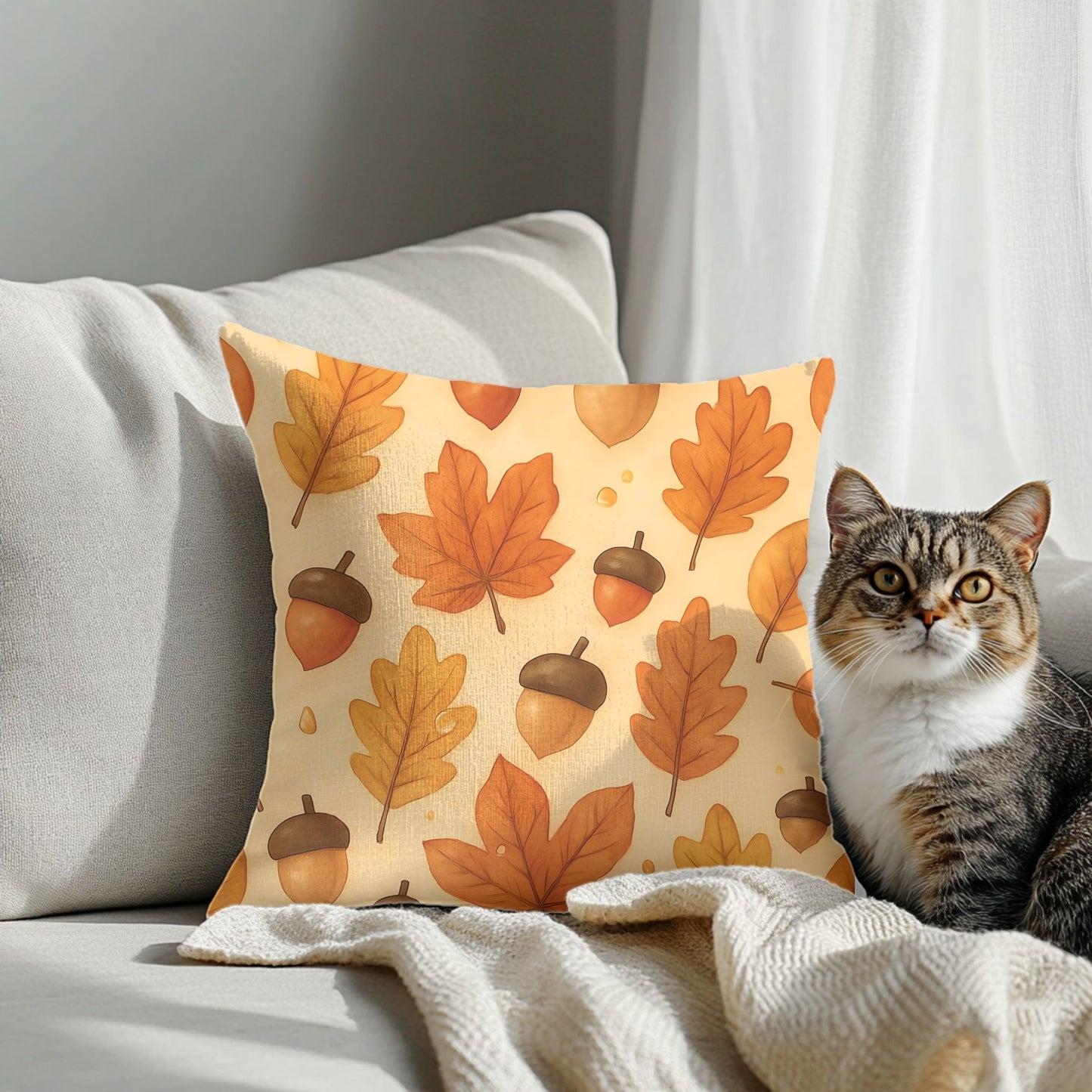 Autumnal Leaf Acorn Pillow, A tapestry of rich golden hues and crisp details, this autumn leaves pillow captures the essence of a forest carpeted with leaves, softening your space with its warm charm.