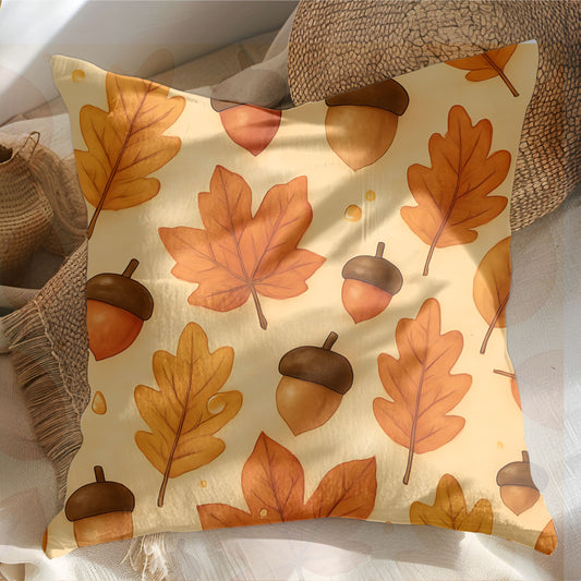 Autumnal Leaf Acorn Pillow, A tapestry of rich golden hues and crisp details, this autumn leaves pillow captures the essence of a forest carpeted with leaves, softening your space with its warm charm.