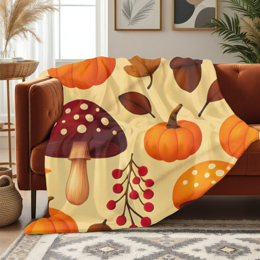 Cozy Autumn Pumpkin Blanket, This plush, cozy fleece blanket captures the essence of the season with its vibrant pumpkin and shroom motifs.
