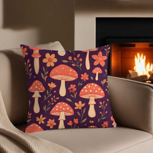 Mushroom Pillow, Perfect as a throw pillow cushion, it transforms any space with its soft plum hue and charming shroom motif, inviting warmth and comfort into your home.