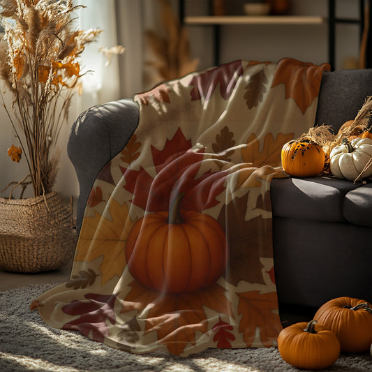 Autumn Leaves and Pumpkin Blanket, this comfy blanket is an autumn symphony for your senses. Perfect as a snuggle blanket for chilly nights or an elegant addition to your autumn decorations.