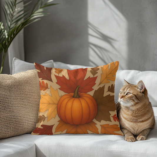 Autumn Leaves and Pumpkin Cushion, This autumn pillow cover captures the essence of "hello autumn" with its vibrant orange tones and delightful pumpkin design.