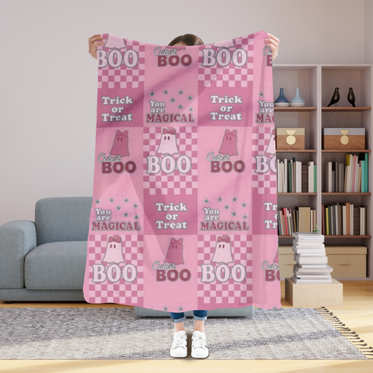 Cutest Boo Pink Ghost Blanket, This soft and fluffy throw features charming ghosties dancing across a playful pink canvas, making it the perfect snuggle blanket for cozy nights in.