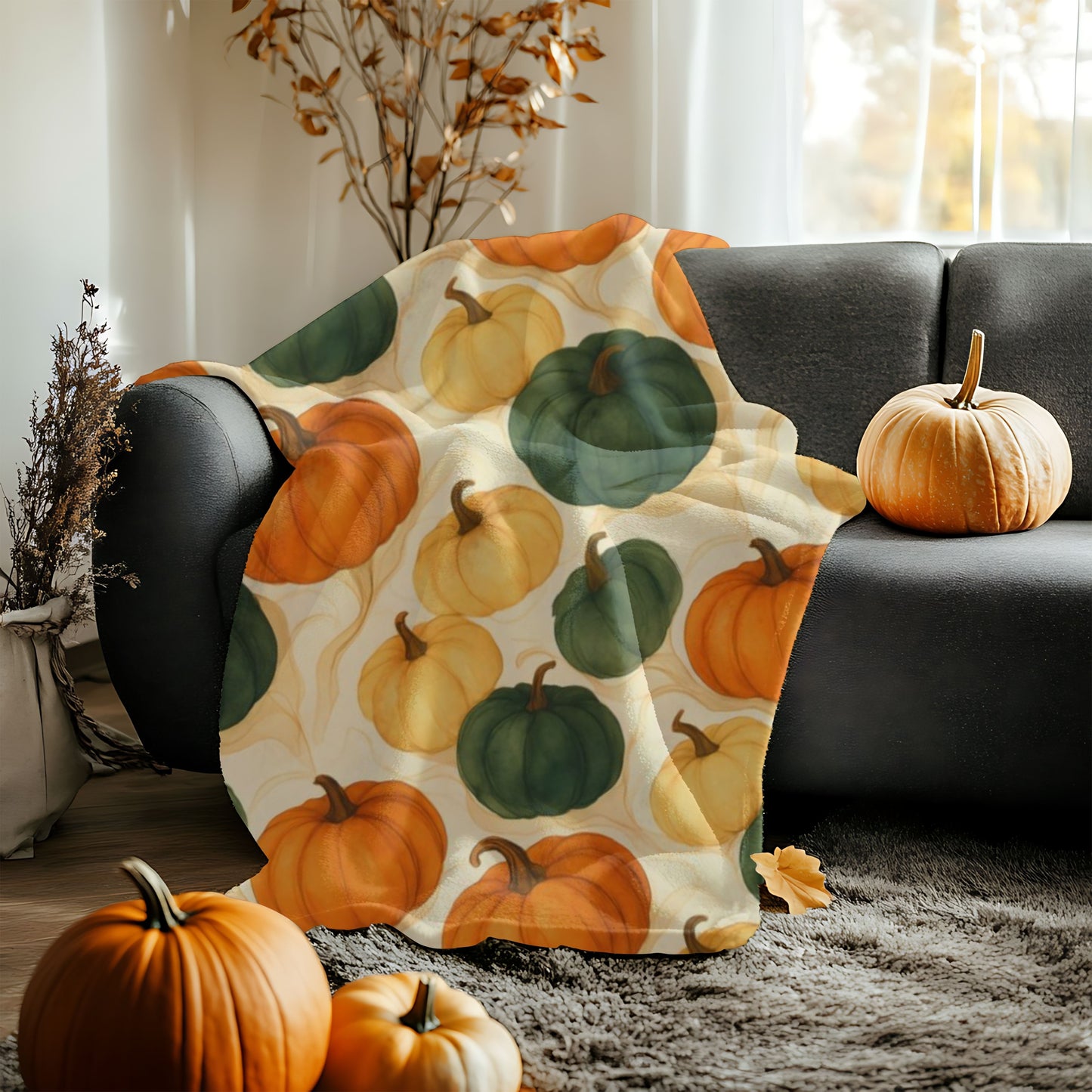 Autumnal Pumpkin Blanket Throw, Its timeless design effortlessly enhances your autumnal home decor, with its rich pumpkin hues offering a nod to nature's seasonal beauty. Whether draped over your sofa or used as a comforting autumn throw blanket.
