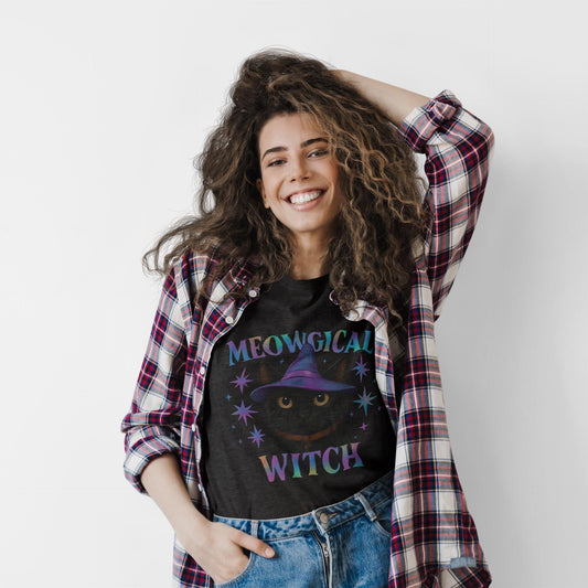 Meowgic Witch, This tee captures the essence of magical cat allure with its holographic cat design, bringing the bewitching appeal of black cats magic straight into your wardrobe