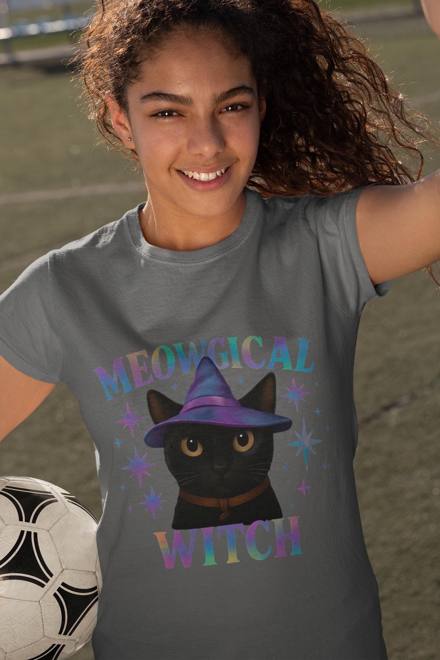 Meowgic Witch, This tee captures the essence of magical cat allure with its holographic cat design, bringing the bewitching appeal of black cats magic straight into your wardrobe