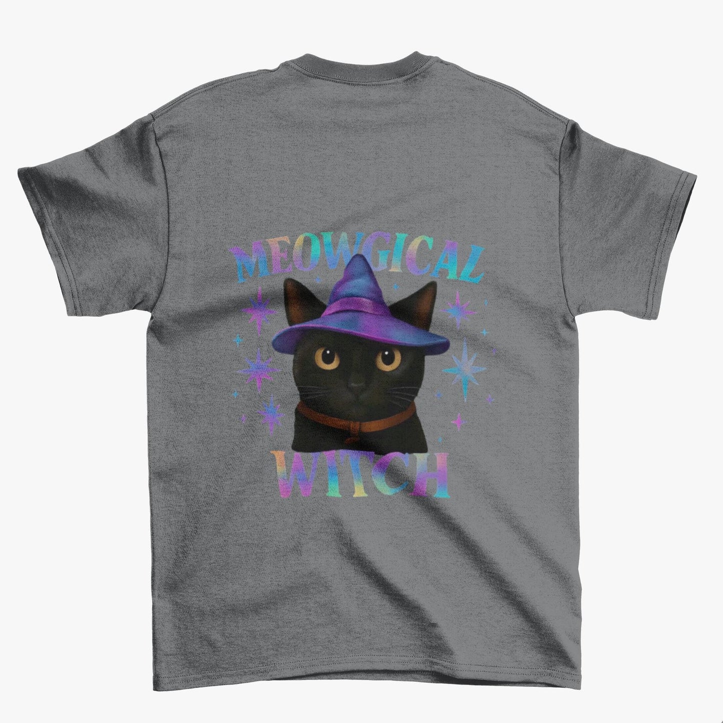 Meowgic Witch, This tee captures the essence of magical cat allure with its holographic cat design, bringing the bewitching appeal of black cats magic straight into your wardrobe