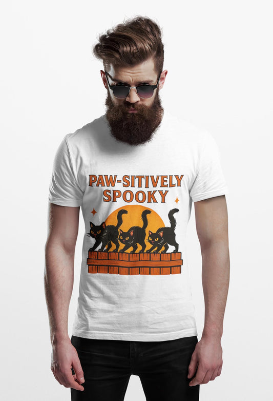 Paw-sitively Spooky Cat Tshirt, Whether you're a devoted cat dad or gifting it to a feline-loving friend, this cute Halloween cat apparel spreads pawsitive vibes with its blend of spooky black cats and cheeky charm.