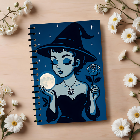 Cute Witchy Moon Child Spiral Notebook, This charming witchcore-inspired book of shadows serves as the perfect witch journal, offering a space to explore your dreams, shadow work, and more.