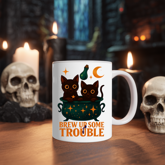 Brew Up Some Trouble Cat Mug, This enchanting black cats coffee mug is a spellbinding addition to your morning routine, ,cat dad