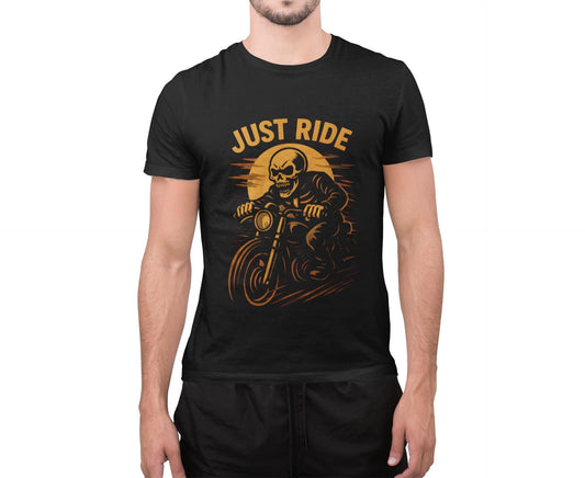 Just Ride Skull Motorcycle T-Shirt, Featuring a striking skull graphic tee design, it captures the essence of the open road, making it a perfect ghost rider shirt for enthusiasts.