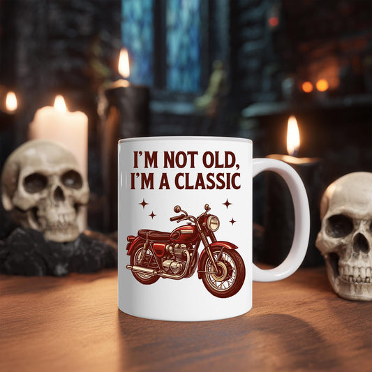I'm Not Old I'm not old im a Classic Biker Mug, This retro motorbike mug is more than just a vessel for your coffee; it's a nod to the enduring spirit of the biker lifestyle.