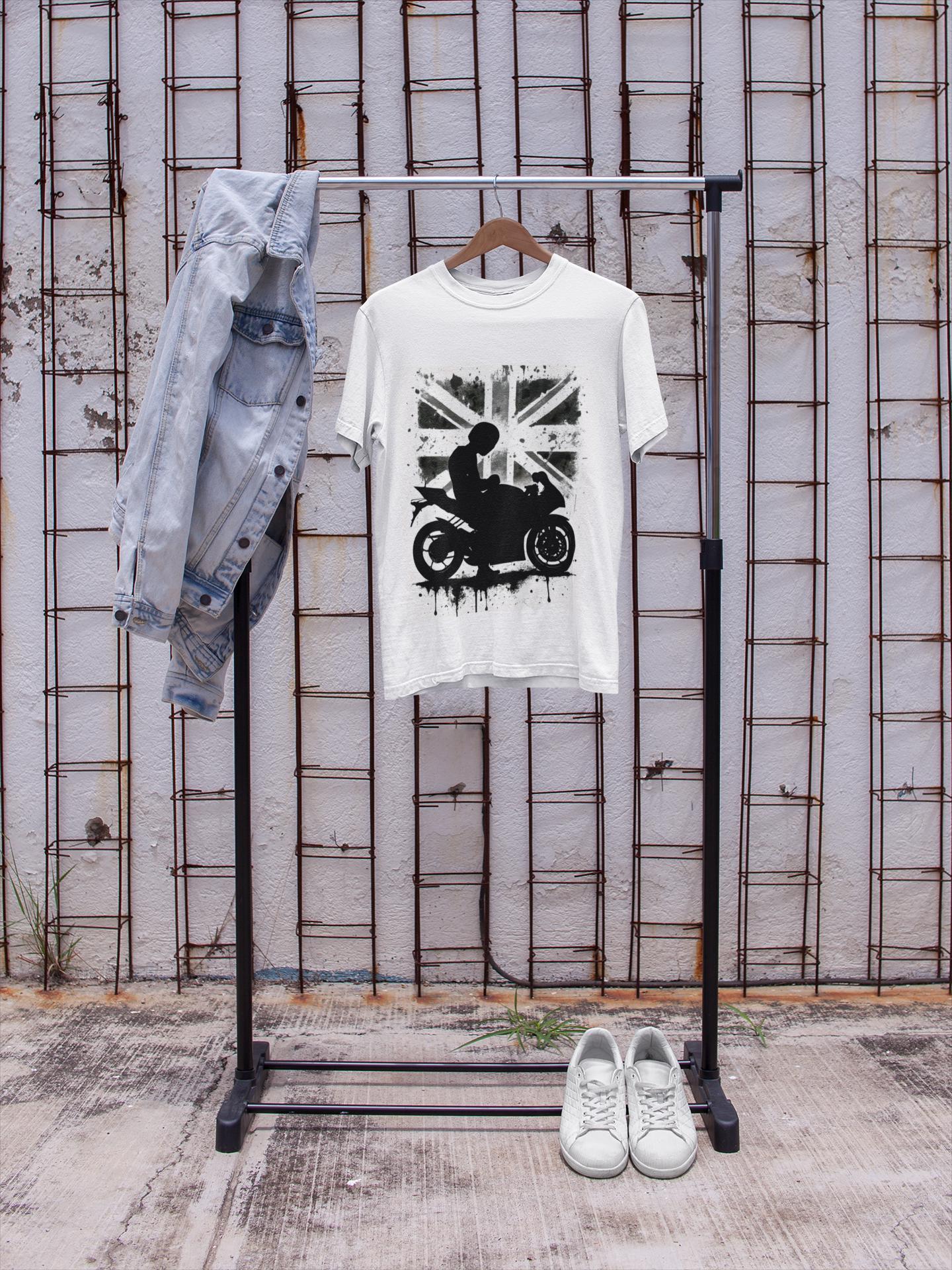 Union Jack Biker T-Shirt, This union jack shirt fuses passion for the open road with a touch of British flair, making it the perfect england shirt for any motorcycle rider.