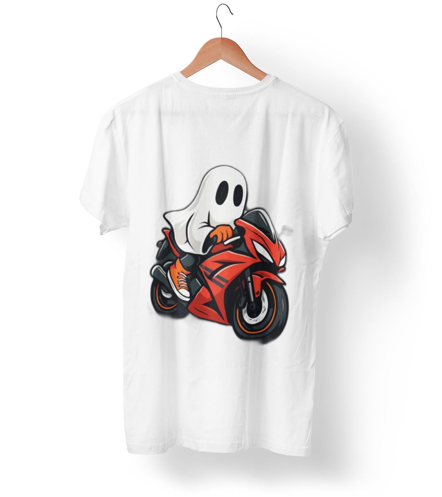 Ghosty Biker T-shirt, This ghost rider shirt captures the essence of Halloween with its hauntingly cool design, making it an essential piece for motorcycle enthusiasts who crave a dose of the supernatural.