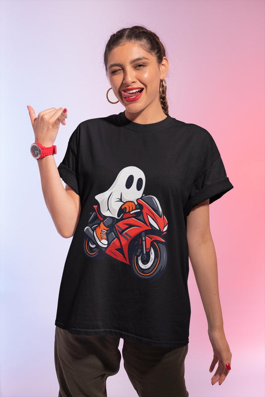 Ghosty Biker T-shirt, This ghost rider shirt captures the essence of Halloween with its hauntingly cool design, making it an essential piece for motorcycle enthusiasts who crave a dose of the supernatural.