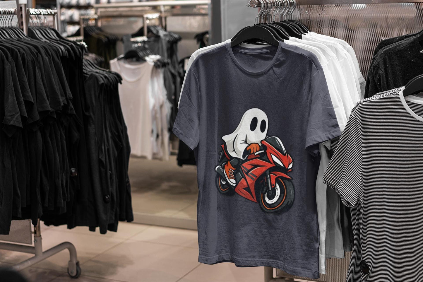 Ghosty Biker T-shirt, This ghost rider shirt captures the essence of Halloween with its hauntingly cool design, making it an essential piece for motorcycle enthusiasts who crave a dose of the supernatural.