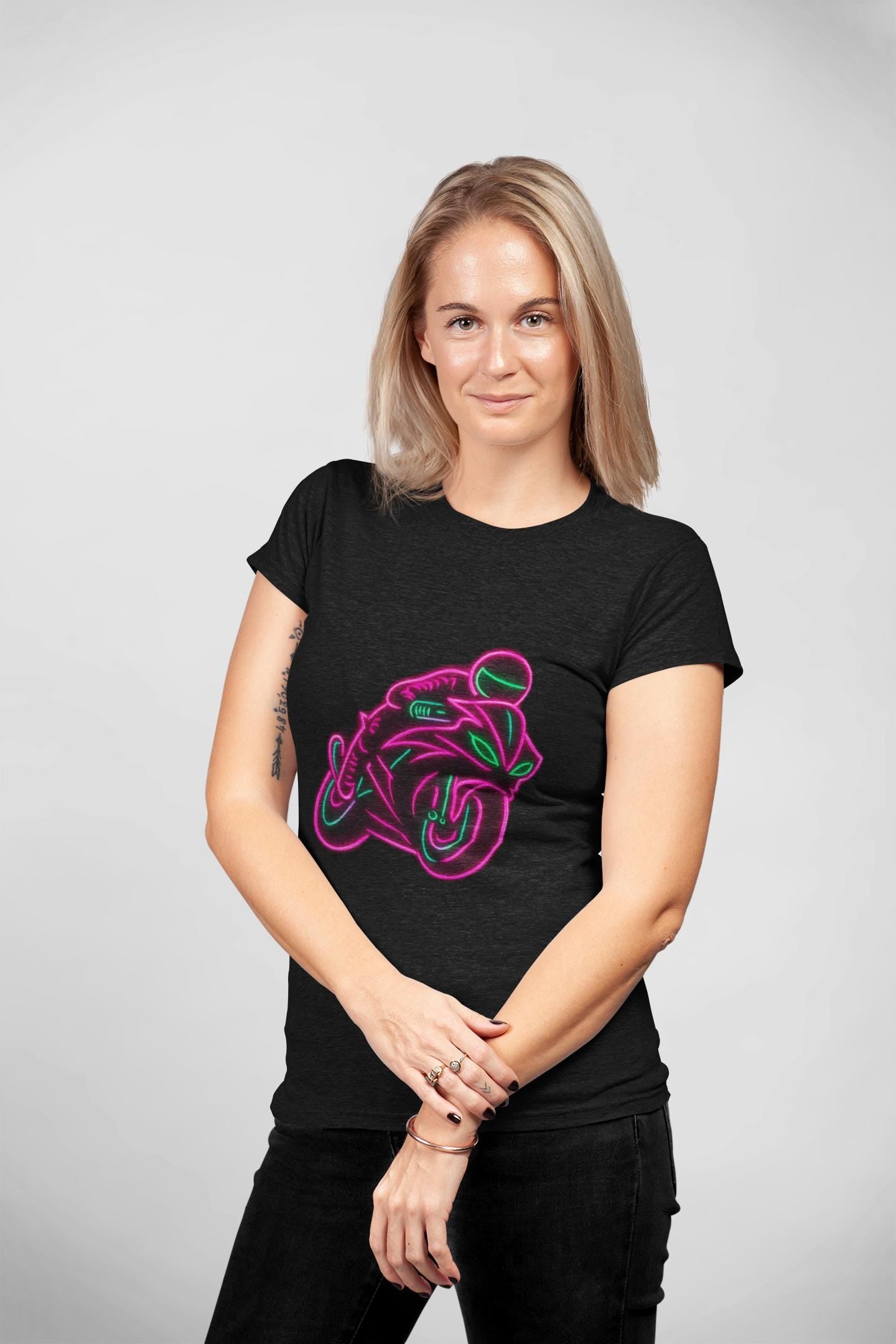 Neon Biker Tshirt, is a vibrant celebration of the biker lifestyle, designed for those who live life in the fast lane. This motorcycle tee is not just clothing—it's a statement
