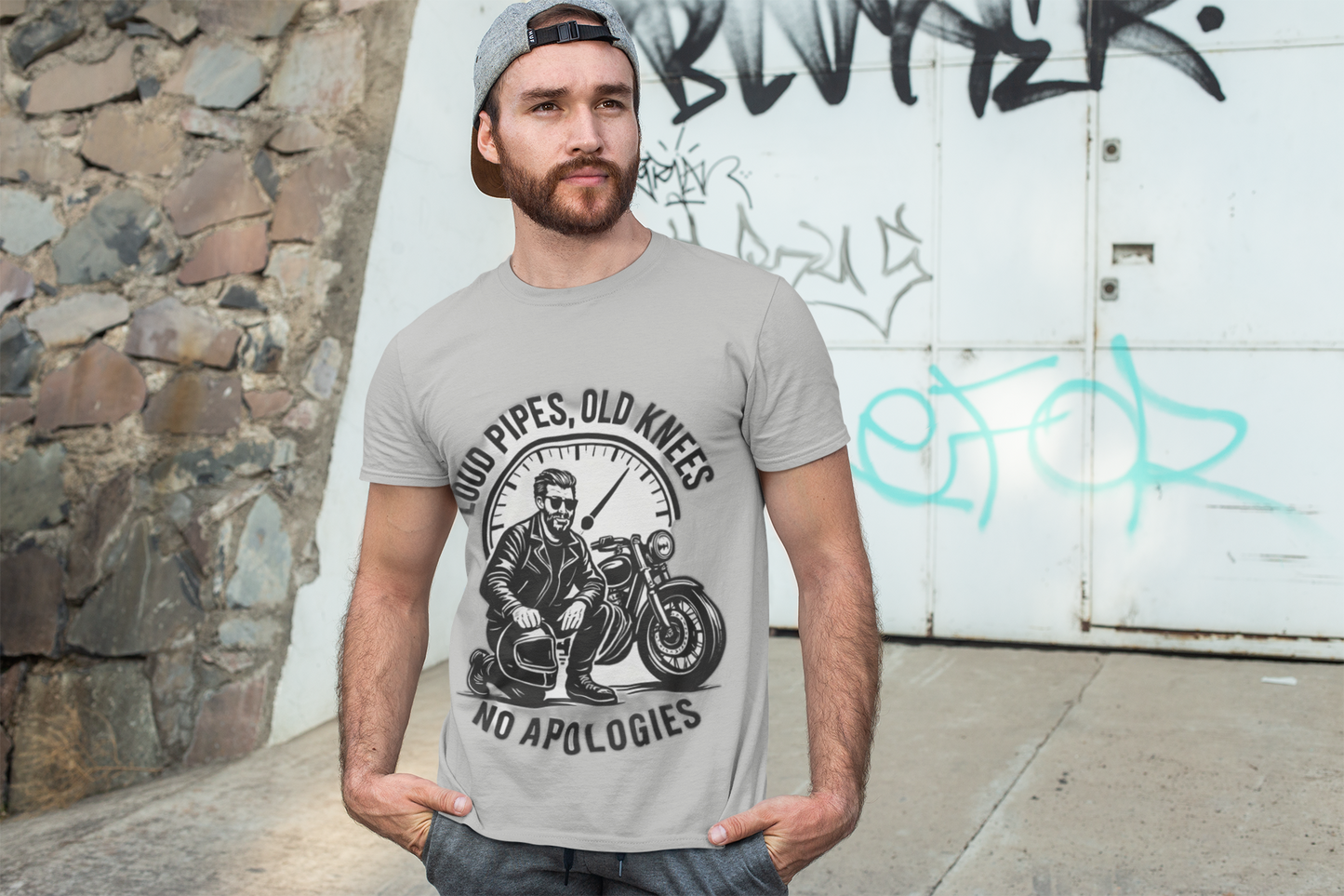Loud Pipes No Apologies Biker Tee, This funny biker shirt encapsulates the essence of true biker fashion with its bold design and vintage motorbike vibe.