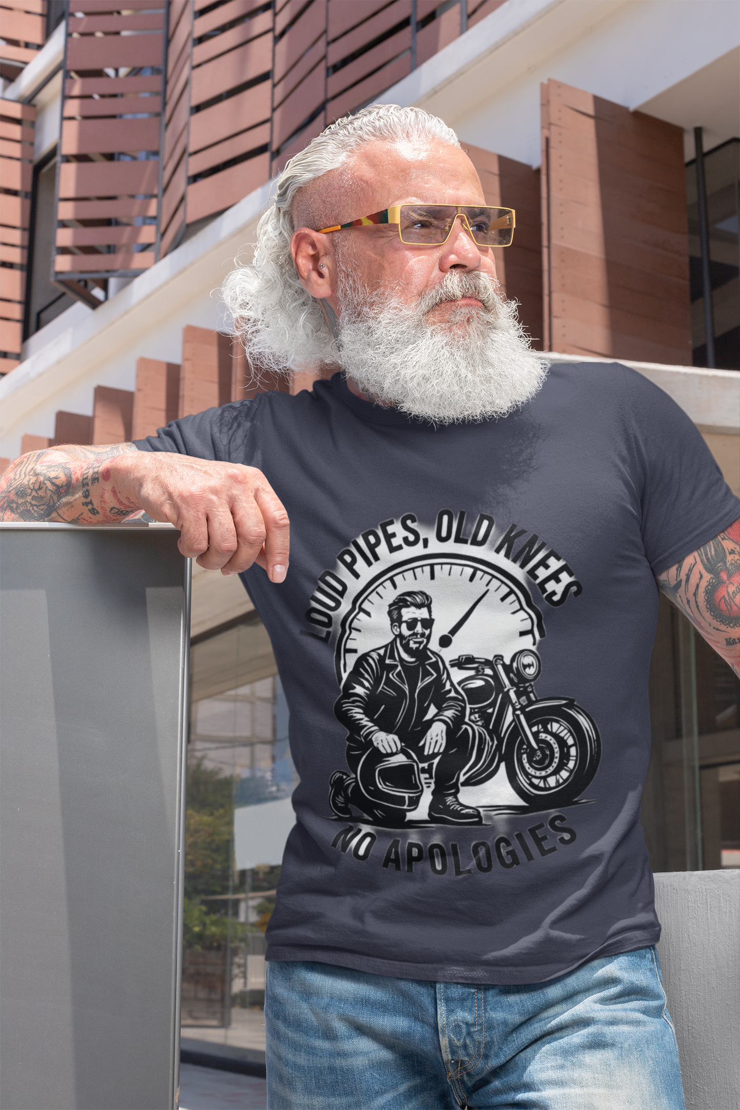 Loud Pipes No Apologies Biker Tee, This funny biker shirt encapsulates the essence of true biker fashion with its bold design and vintage motorbike vibe.