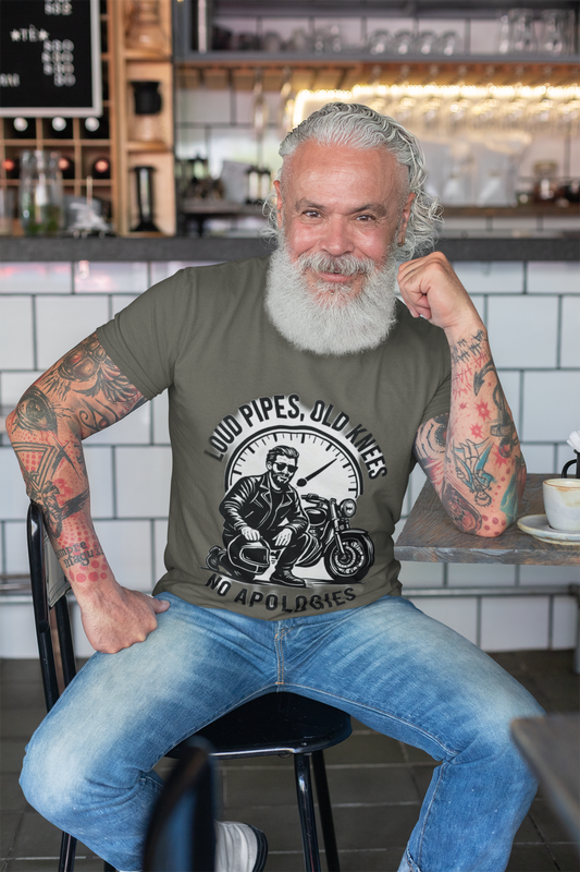 Loud Pipes No Apologies Biker Tee, This funny biker shirt encapsulates the essence of true biker fashion with its bold design and vintage motorbike vibe.