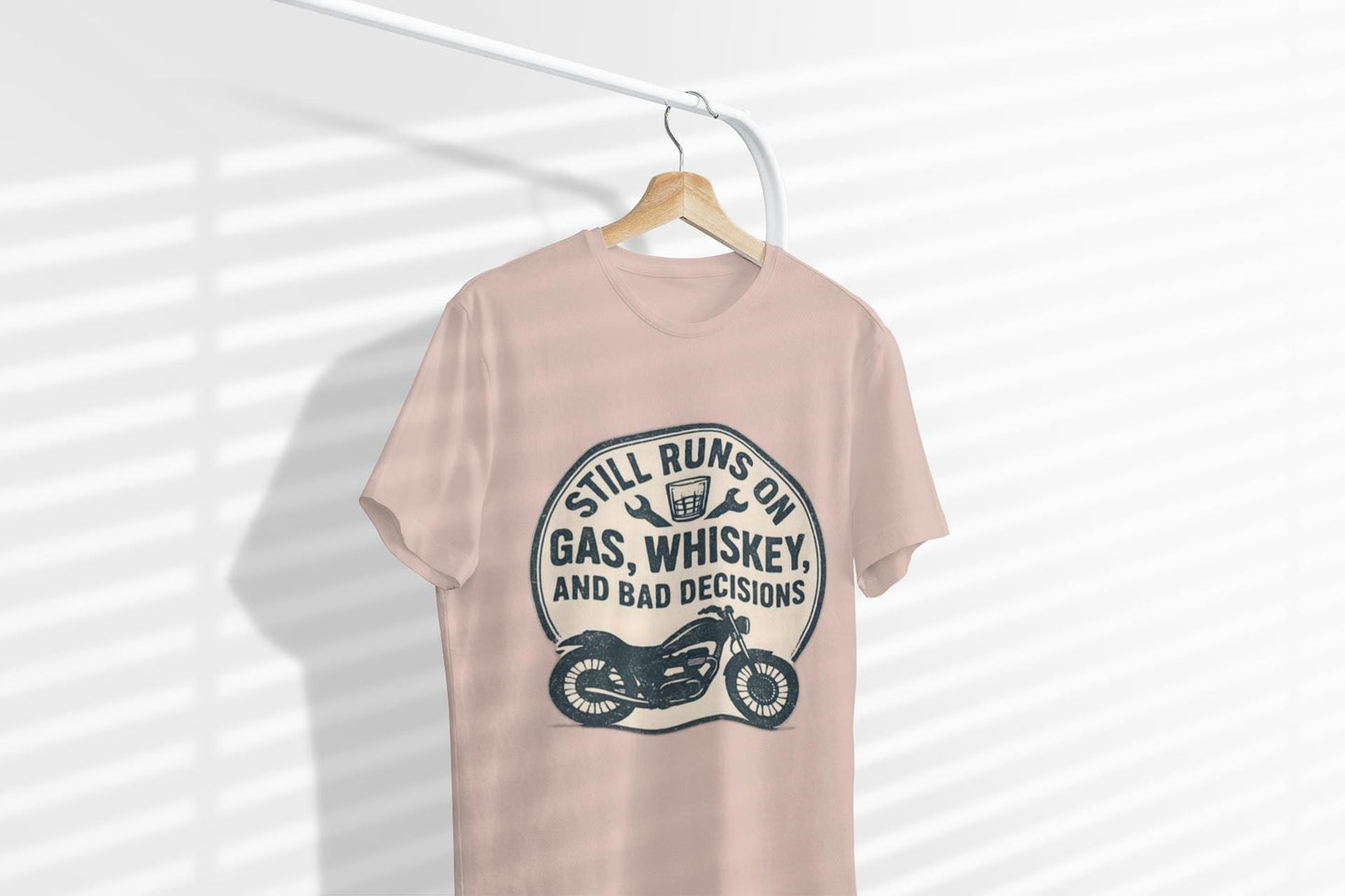 Still Runs On Gas Whiskey And Bad Decisions Shirt, This motorcycle tee blends humor with style, making it an essential addition to any biker's wardrobe.
