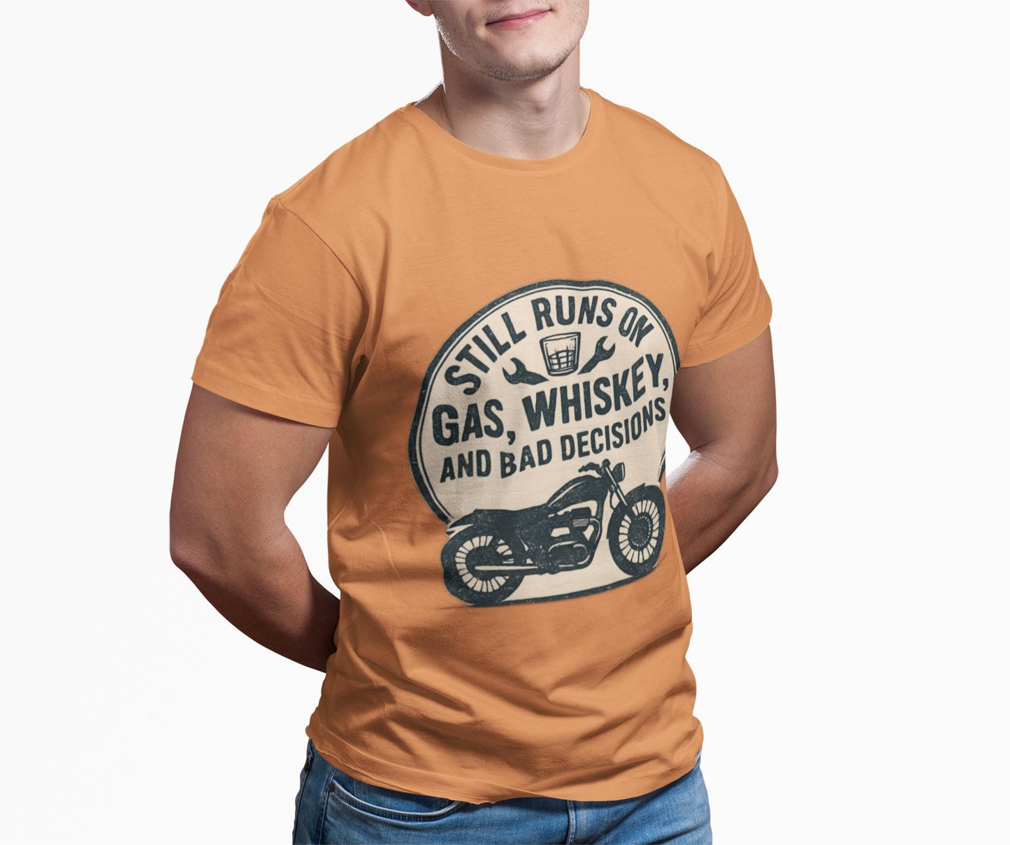 Still Runs On Gas Whiskey And Bad Decisions Shirt, This motorcycle tee blends humor with style, making it an essential addition to any biker's wardrobe.