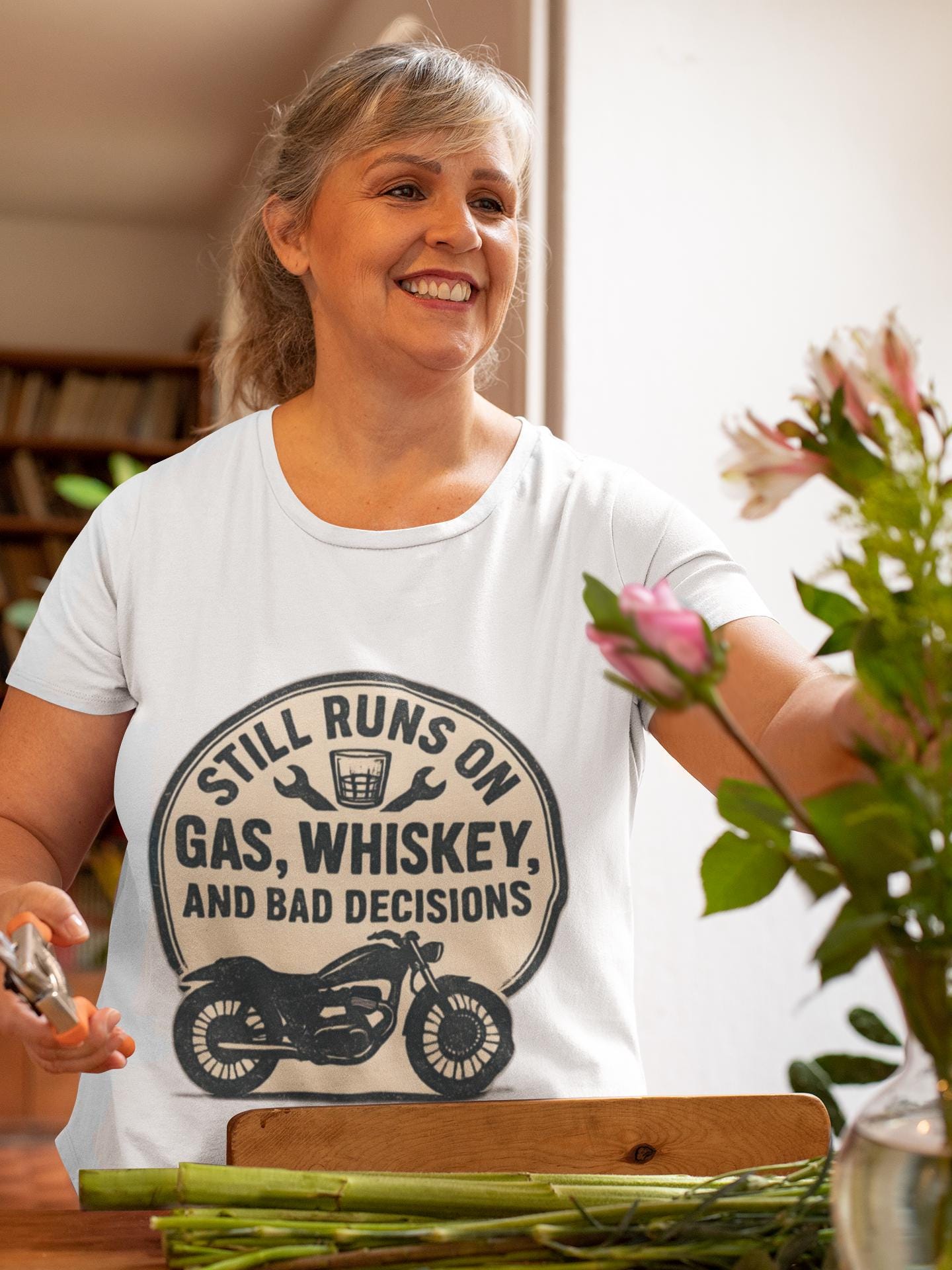 Still Runs On Gas Whiskey And Bad Decisions Shirt, This motorcycle tee blends humor with style, making it an essential addition to any biker's wardrobe.
