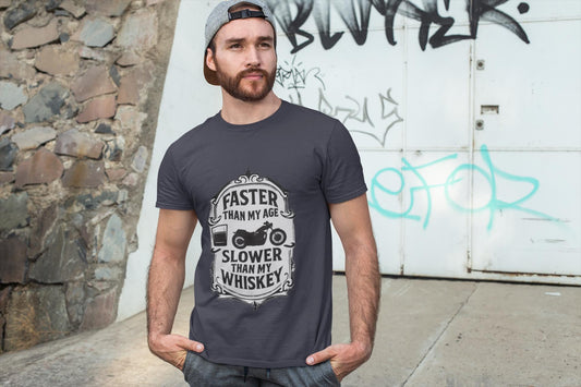 Faster Than My Age Slower Than My Whiskey T-shirt, This vintage-inspired motorbike tee is a salute to the open road, perfect as both biker apparel and a distinctive biker gift
