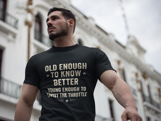 Old Enough to Know Better T-Shirt, This motorcycle tee captures the essence of the rebellious spirit with a nod to vintage motorbike culture.