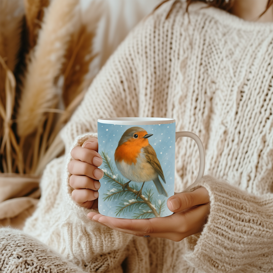 Winter Robin Coffee Mug, This enchanting festive mug captures the essence of Christmas with its charming illustration of a winter robin.robin coffee mug