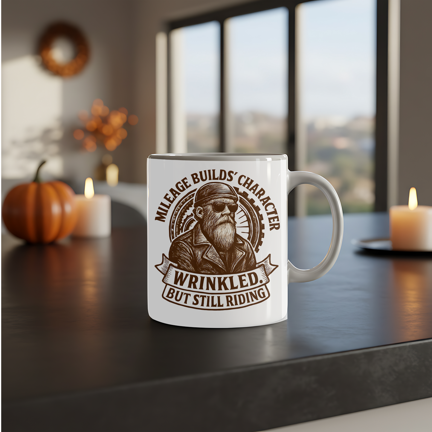Mileage Builds Character Mug, Whether you're gifting it to a fellow rider or indulging in a biker coffee mug for yourself, it's more than just a drink; it's a tribute to the timeless adventure that says, "you're never too old."