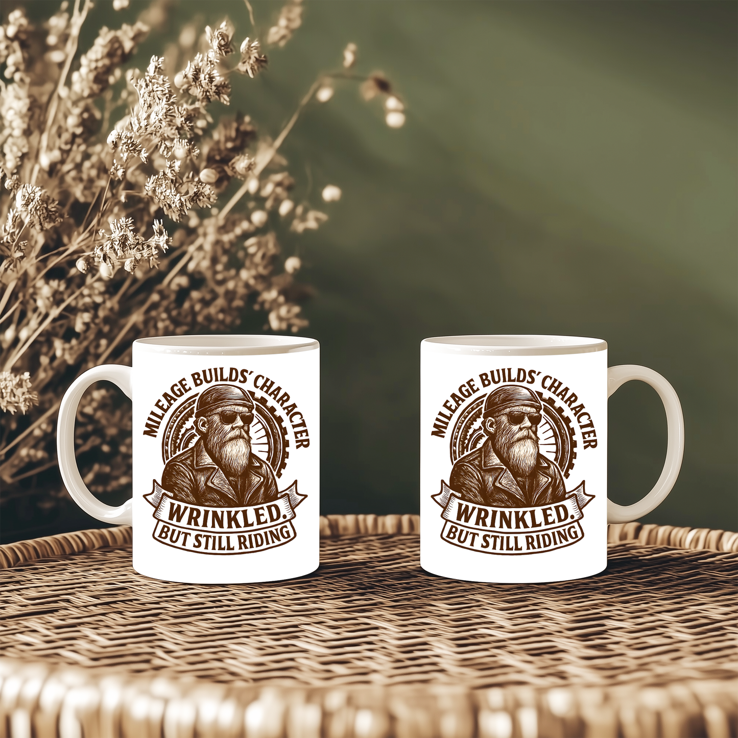 Mileage Builds Character Mug, Whether you're gifting it to a fellow rider or indulging in a biker coffee mug for yourself, it's more than just a drink; it's a tribute to the timeless adventure that says, "you're never too old."